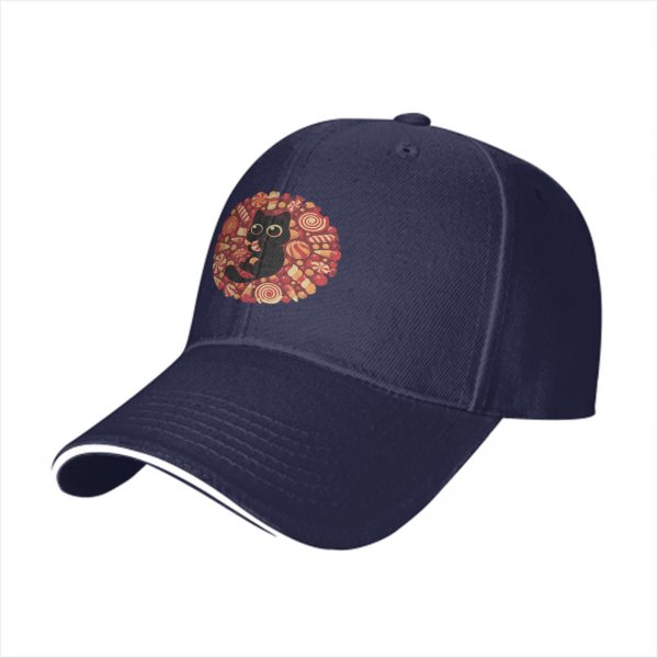 Black Baseball Cap with Cute Black Cat and Candy Print