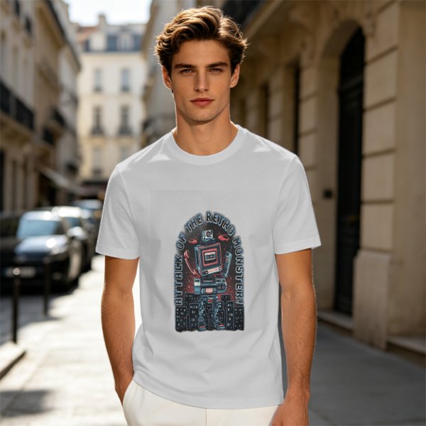 Olive green t-shirt with retro robot monster city attack graphic