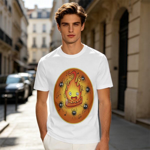 Olive T-Shirt Featuring Calcifer and Soot Sprites Artwork