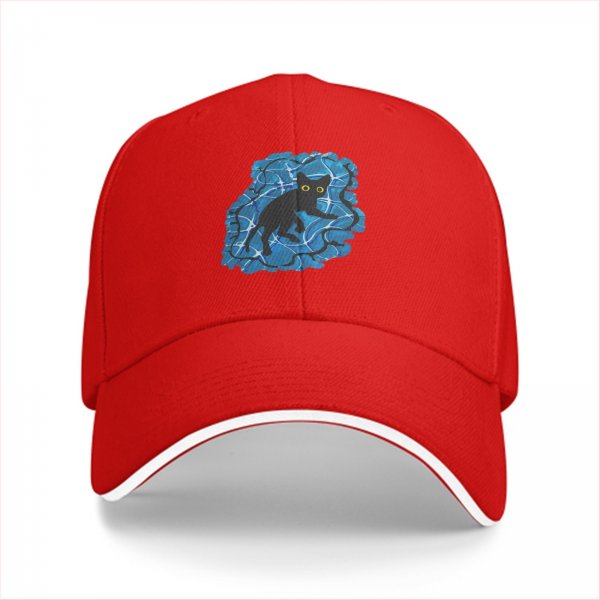 Black Baseball Cap With Playful Black Cat On Blue Abstract Background