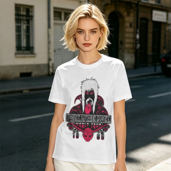 Olive graphic tee with dark fantasy character and tour print