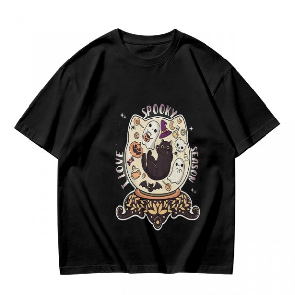 I Love Spooky Season Halloween Cat Ghost Graphic T-Shirt