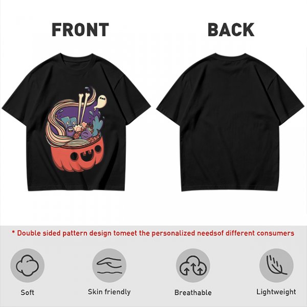 Halloween pumpkin ramen bowl with cute monster graphic t-shirt