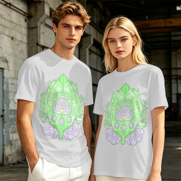 Olive Green T-Shirt With Leaf Shaped Tamagotchi Totoro Print