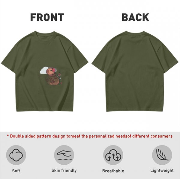 Olive Green T-Shirt With Cute Cartoon Pig Print