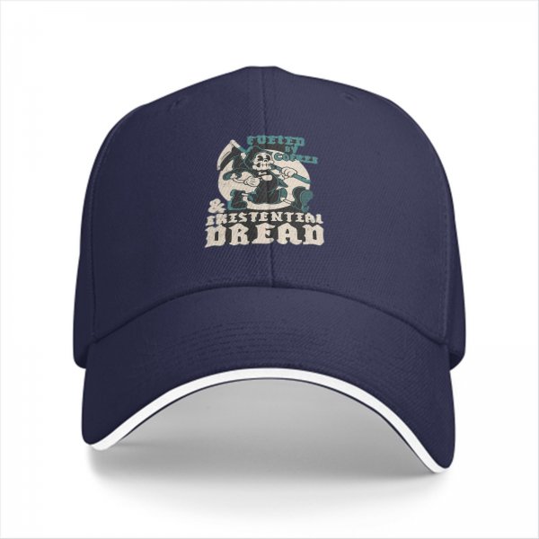 Black baseball cap with 'Fueled by Coffee & Existential Dread' grim reaper graphic
