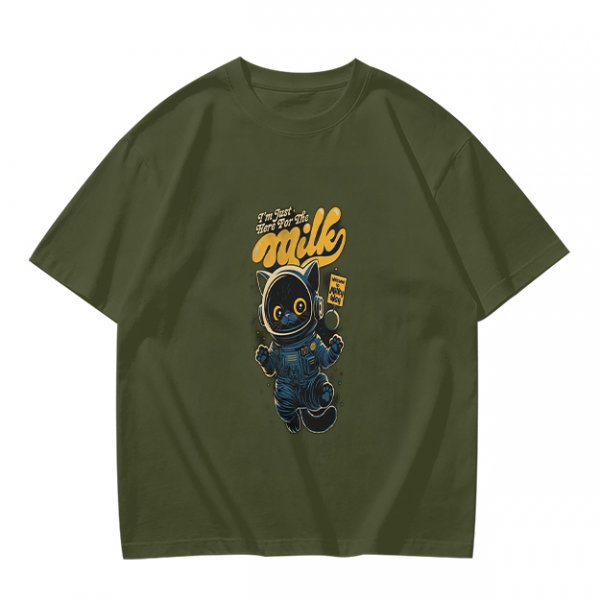 Olive T-shirt with Astronaut Cat 'I'm Just Here For The Milk' Print