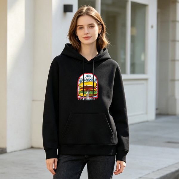 Black hoodie with Big Kahuna Burger graphic print