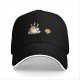 Black Baseball Cap with Coffee and Cookie Graphic Design