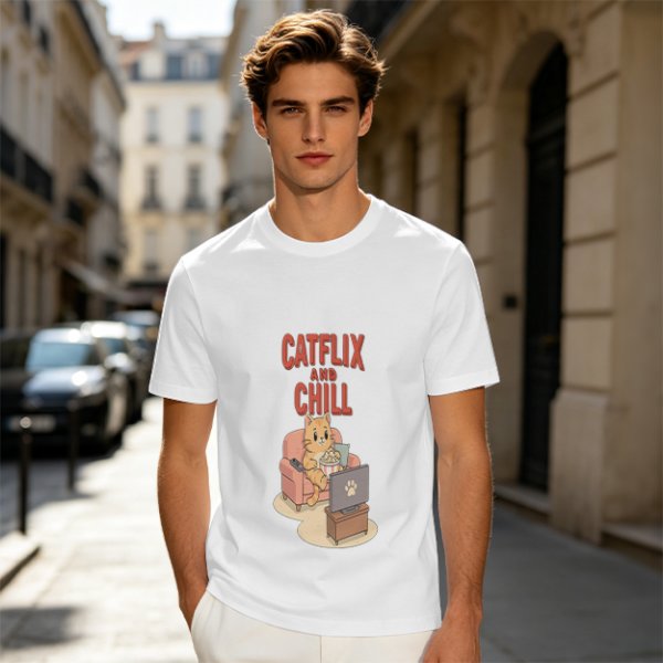 Catflix and Chill Orange Cat Watching TV Graphic T-Shirt