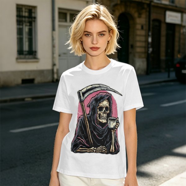 Olive T-Shirt Featuring Grim Reaper Holding Coffee and Scythe