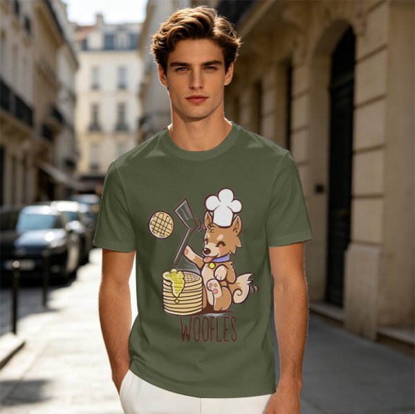 Olive T-Shirt With Cute Dog Chef Cooking Waffles Graphic