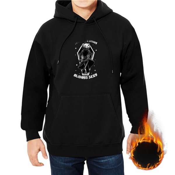 Black Hoodie with Pumpkin Skeleton Graphic and 'Always Sexy' Text