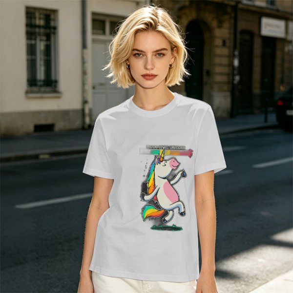 Olive T-shirt with Dancing Rainbow Unicorn Graphic Print
