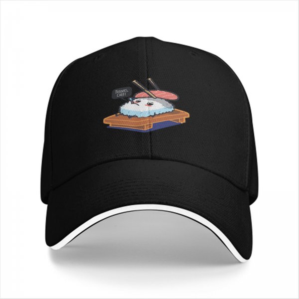 Black Baseball Cap With Cute Sushi 'Thanks Chef' Graphic Print