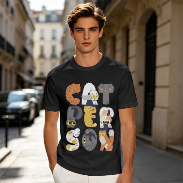 Olive T-Shirt With Cute Cat Letter Graphic Design
