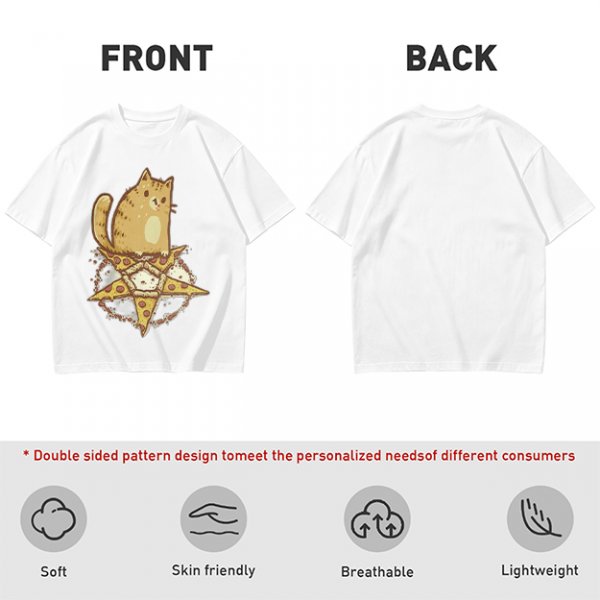 Olive T-Shirt With Cat Sitting On Pizza Pentagram Artwork