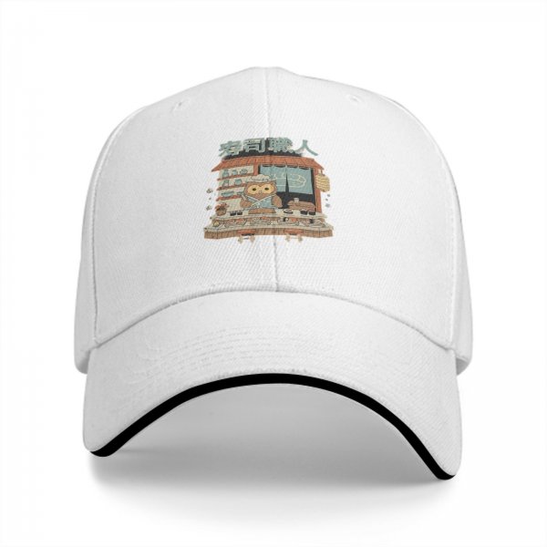 Black baseball cap with owl sushi chef graphic