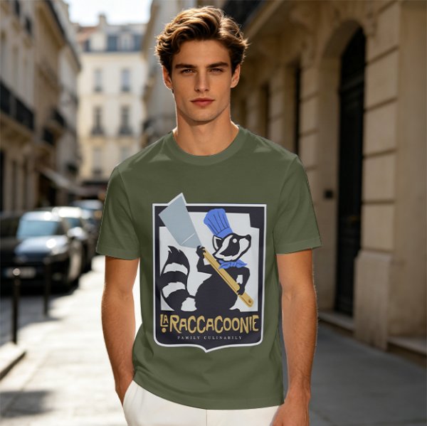 Olive green t-shirt with raccoon chef graphic and text