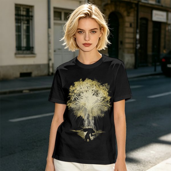 Olive Green T-Shirt With Glowing Tree Reflection Art