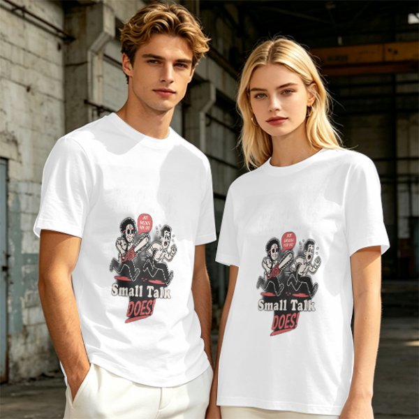 Olive graphic t-shirt with chainsaw man chasing scared person and 'Small Talk Does!' text