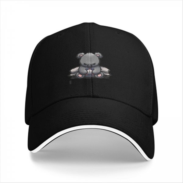 Black baseball cap with grumpy koala sitting on papers print