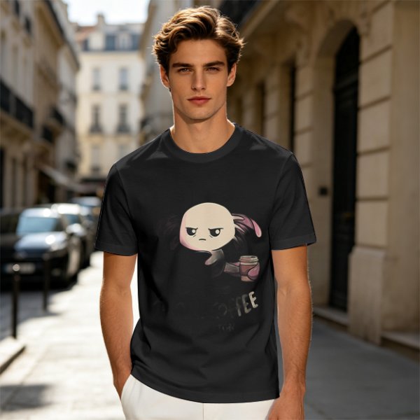 Olive T-shirt with Grumpy Axolotl Holding Coffee Print