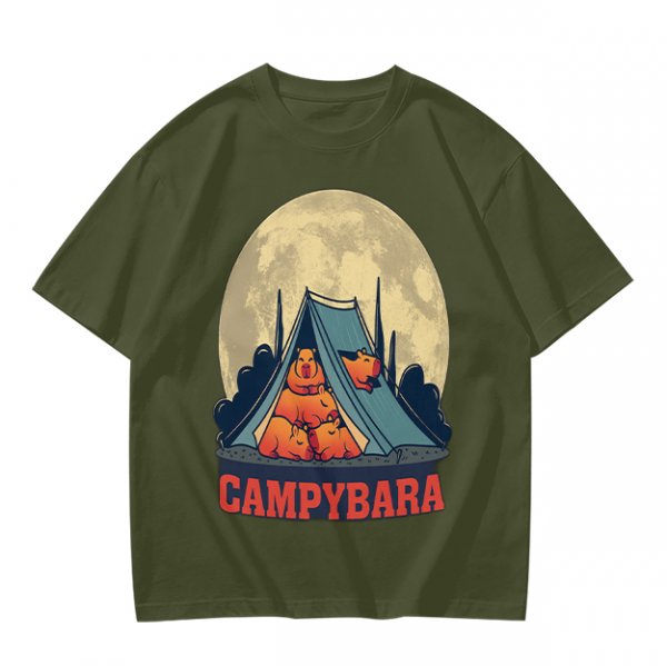 Capybara Camping Tent Full Moon Graphic T-Shirt