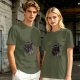 Olive green graphic t-shirt with dark fantasy creature print