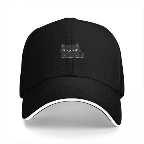 Black Baseball Cap With Grumpy Black Cat Graphic Design
