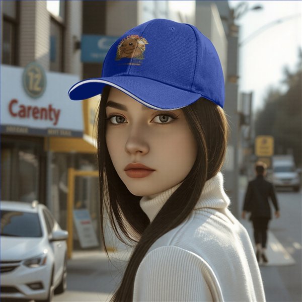Black baseball cap with cute capybara graphic and playful text