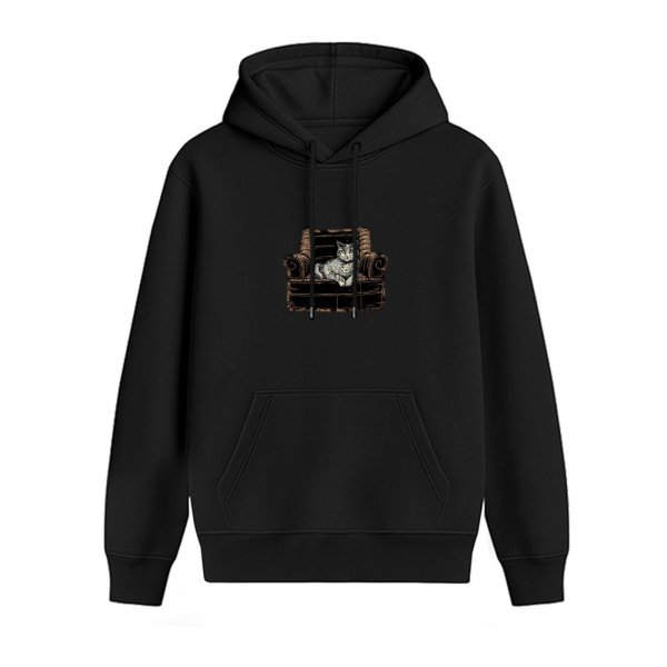 Black Hoodie With Cat On Armchair Graphic Print