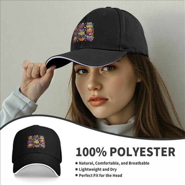 Black baseball cap with Halloween animal cupcake graphic design
