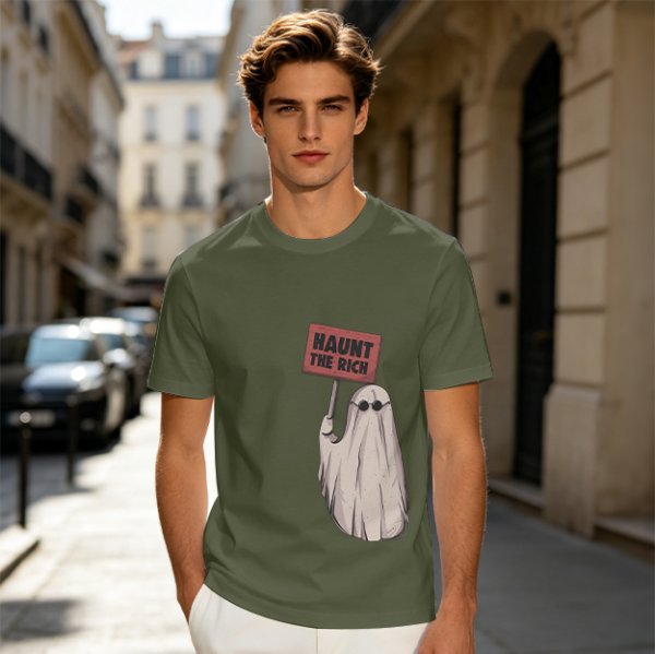 Olive T-Shirt With Ghost Holding 'Haunt The Rich' Protest Sign