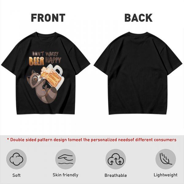 Oversized olive t-shirt with raccoon drinking beer graphic