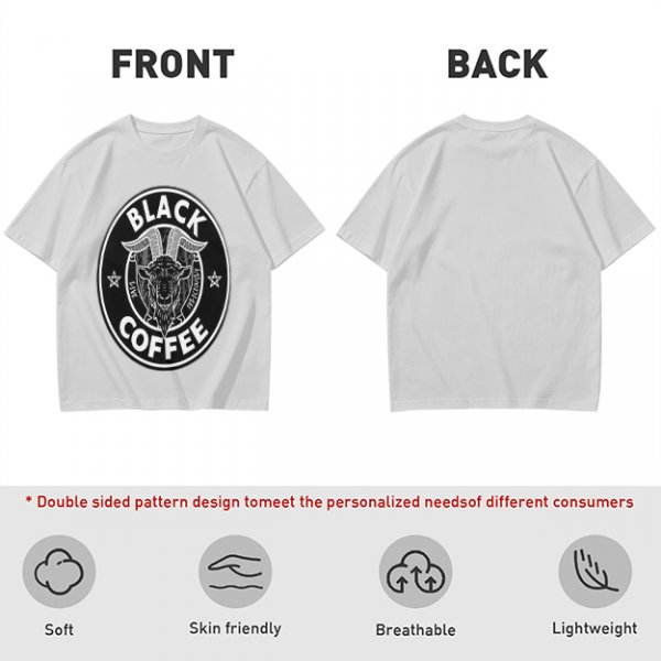 Olive green t-shirt with black goat head and Black Coffee graphic