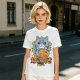 Olive green t-shirt with cute gray cat holding taiyaki graphic
