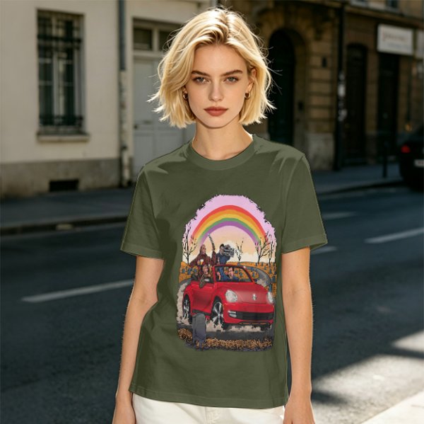 Olive T-Shirt With Red Convertible Car, Rainbow And People Graphic