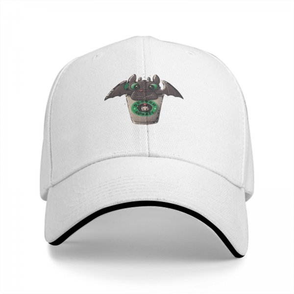 Black Baseball Cap With Toothless Dragon Coffee Cup Print
