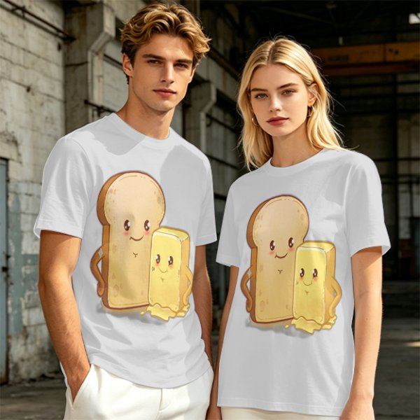 Olive T-Shirt With Cute Cartoon Bread And Butter Graphic