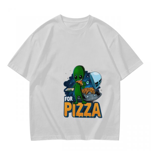 Olive Green T-Shirt with Alien Eating Pizza UFO Graphic