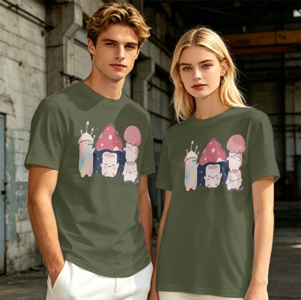 Olive Green T-Shirt With Cute Mushroom Creature Graphic
