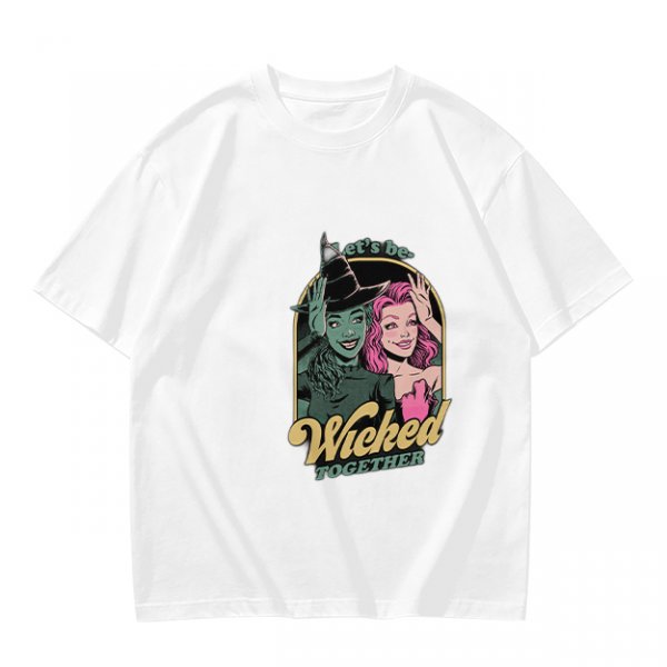 Olive green graphic t-shirt with 'Let's be Wicked Together' witch design