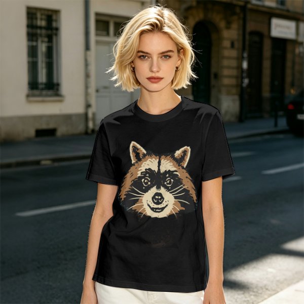 Olive Green T-Shirt With Smiling Raccoon Graphic Print