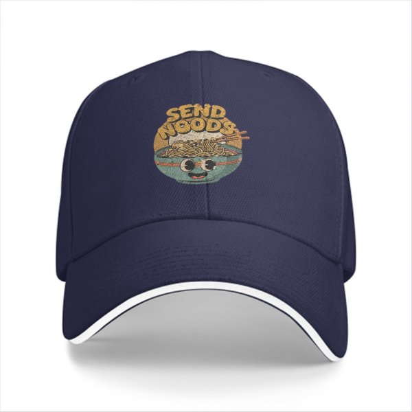 Black baseball cap with retro 'Send Noods' ramen bowl graphic