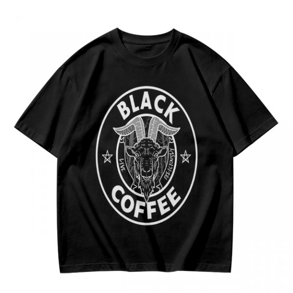 Olive green t-shirt with black goat head and Black Coffee graphic