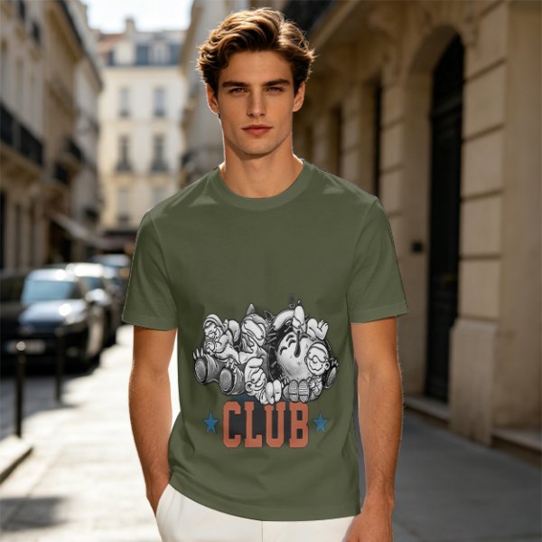 Olive T-Shirt With Cartoon Characters And 'CLUB' Graphic Print