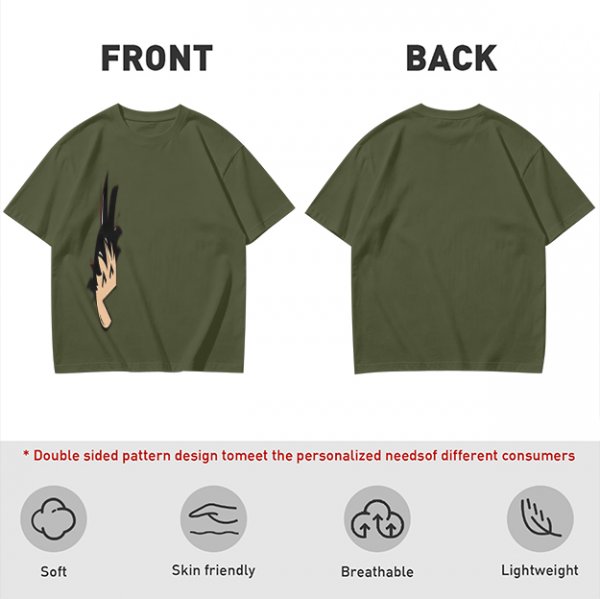 Olive green oversized t-shirt with stylized hand graphic print