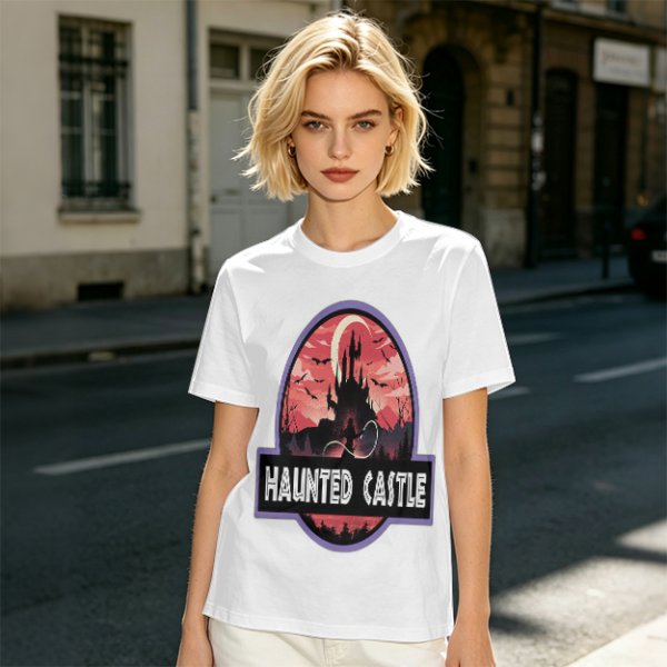 Olive T-Shirt with Haunted Castle Silhouette Graphic Design
