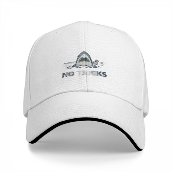 Black baseball cap with shark graphic and 'NO' text print